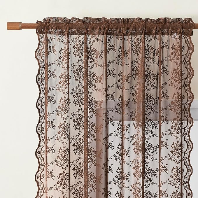 YJ YANJUN Vintage Lace Curtains 84 Inches Long-Victorian Floral Boho Brown Sheer Curtains for Living Room Bedroom, Light-Filtering Rustic Farmhouse Window Treatment, Chocolate 2 Panels 52W x 84L