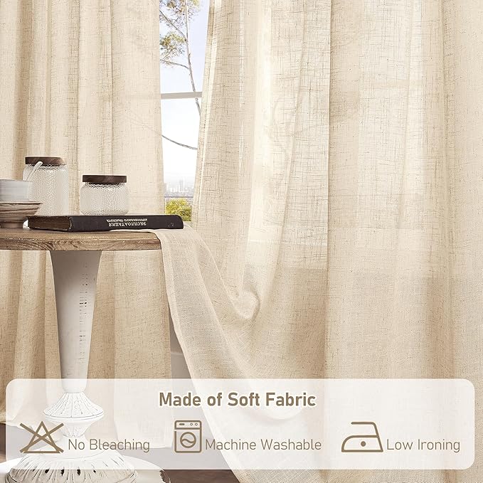 LAMIT Extra Wide Linen Curtains for Bedroom, Light Filtering Faux Linen Textured Panels Semi Sheer Back Tab and Rod Pocket Boho Drapes for Living Room, 2 Panels, Linen, 70 x 84 Inch
