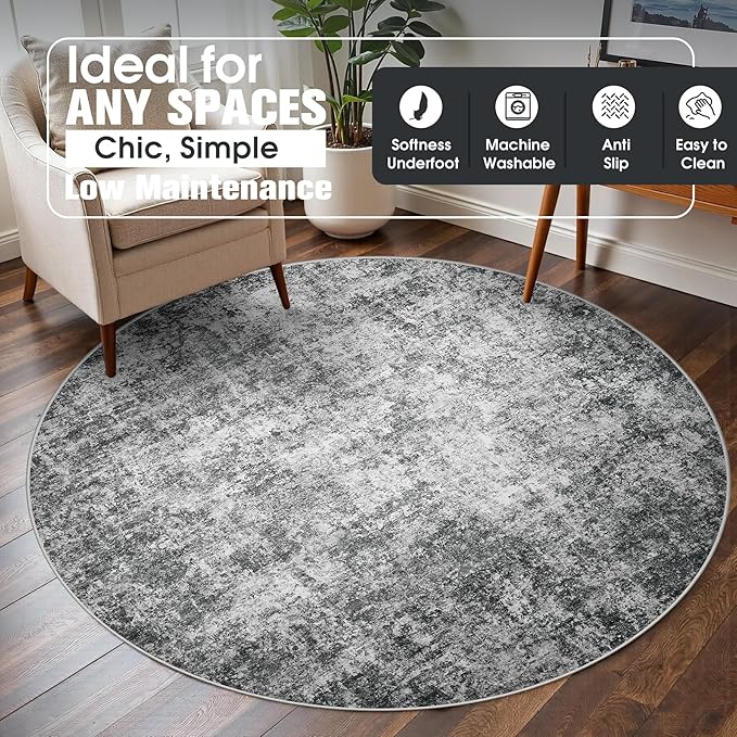 Round Rug 6ft Circle Rug Washable: Carpet Small Circular Area Rug for Entryway Kitchen Bedroom Dining Room Living Room 6 Feet Abstract College Dorm Non Slip Low Pile Black Grey