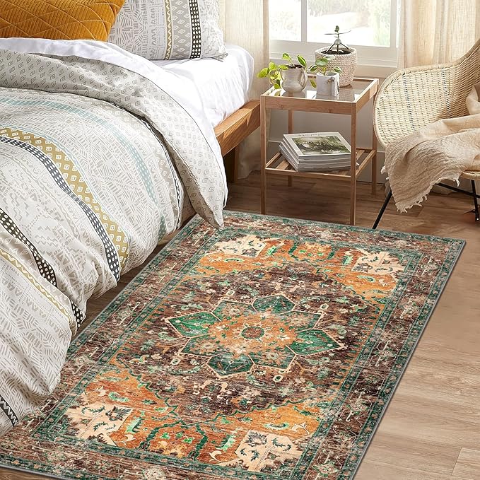 Yamaziot Washable Area Rug, 4x6 Non-Slip Boho Vintage Living Room Bedroom Rug with Rubber Backing, Low Pile Faux Wool Soft Distressed Rug Floor Carpet for Living Room, Laundry, Kids Playroom