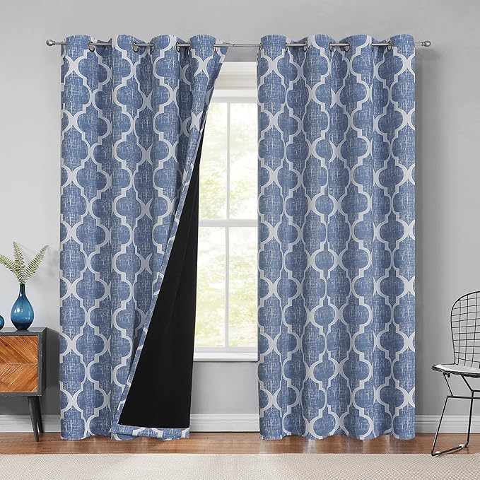 Beauoop 100% Blackout Curtains 96 Inches Long 2 Panels for Bedroom Living Room Blue Moroccan Geo Room Darkening Thermal Insulated Soundproof Grommet Top Window Treatments Drapes, 50x96 Set of 2