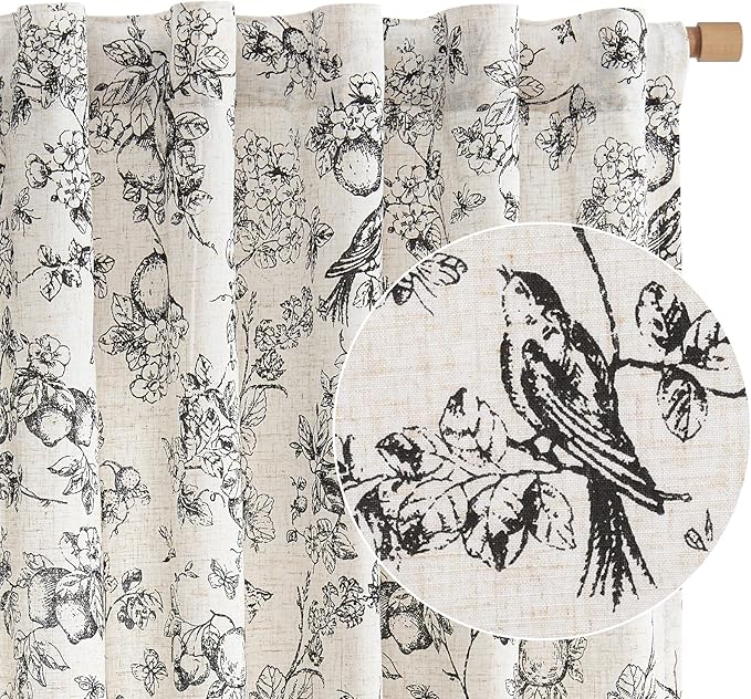 jinchan Linen Floral Curtains for Living Room 84 Inch Length Black Printed Flower Light Filtering French Country Curtain Farmhouse Cottage Core Toile Curtains Back Tab Window Drapes Set 2 Panels