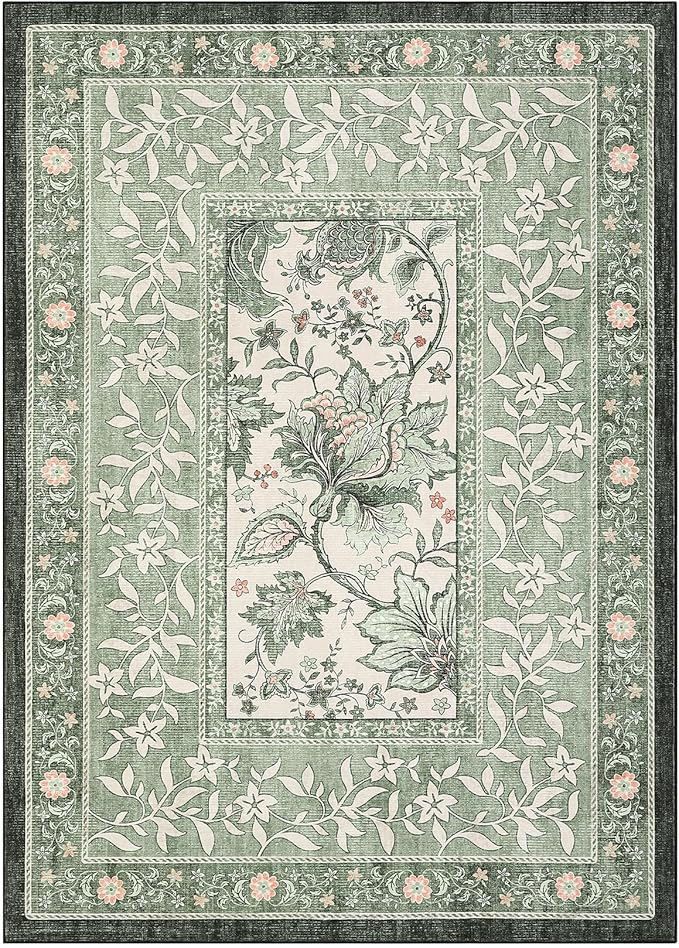 GarveeHome Provence Sage Green 3x5 Rug Washable Non-Slip Low-Pile Indoor Rugs for Entryway Botanical Grove Vintage Boho Cottage Throw Carpet for Kitchen Bedroom Living Room Bathroom Mat