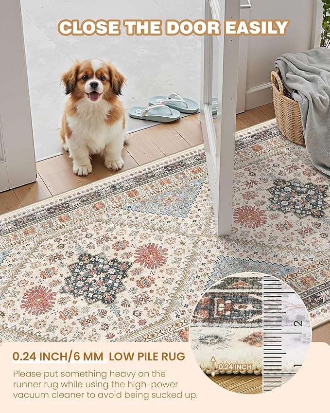Runner Rug 2x10, Ultra-Thin Kitchen Rugs Non Slip Washable Rugs for Entryway Rug, Kitchen Runner Low Pile Vintage Soft Carpets for Living Room, Bathroom Bedroom (Blue/Red/Multi,2'x10')