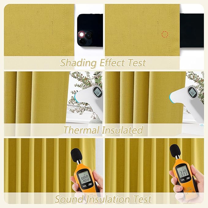 Guken 100% Blackout Curtains 84 Inch Length 2 Panels Set for Living Room Bedroom Back Tab Thermal Insulated Black Out Linen Drapes Room Darkening Celery Yellow,52x84