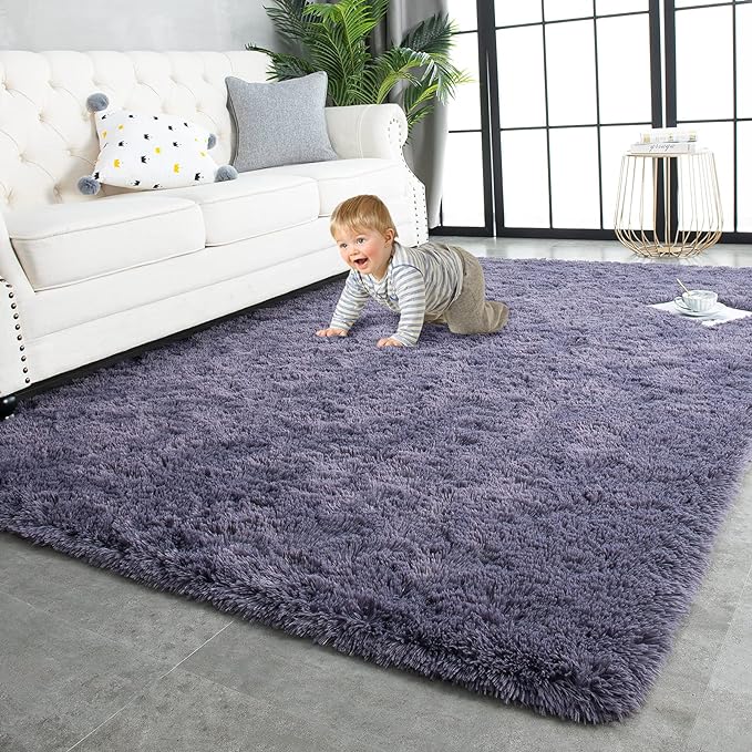 TWINNIS Super Soft Shaggy Rugs Fluffy Carpets 8x10 Feet, Indoor Modern Plush Area Rugs for Living Room Bedroom Kid Room Nursery Home Decor, Upgrade Anti-Skid Rectangular Fuzzy Rug, Grey Purple