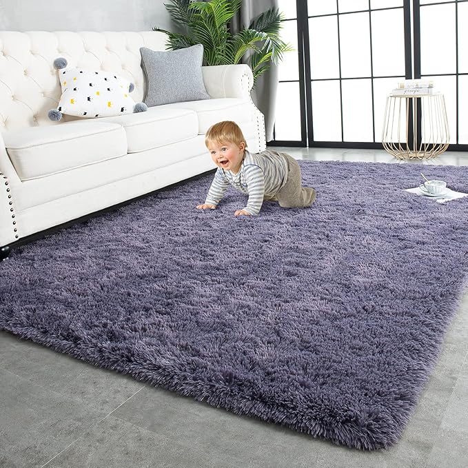 TWINNIS Super Soft Shaggy Rugs Fluffy Carpets 4x5.9 Feet, Indoor Modern Plush Area Rugs for Living Room Bedroom Kids Room Nursery Home Decor, Upgrade Anti-Skid Fuzzy Rug, Grey Purple