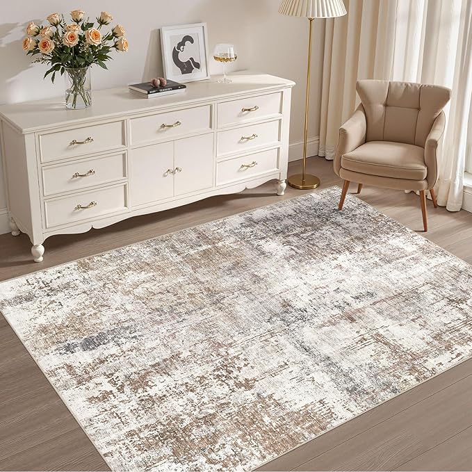 UERMEI 4x6 Area Rug Living Room Rugs - Washable Neutral Modern Abstract Soft Thin Rug Indoor Floor No Slip Rug Carpet for Bedroom Under Dining Table Home Office Decor - Brown/Grey/Red
