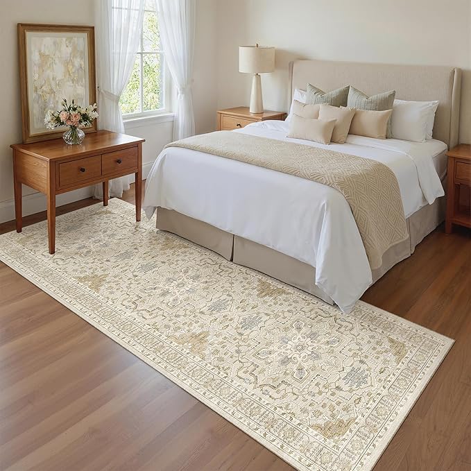 Madane Runner Rug 2'6''x8' Kitchen Runners, Printed Vintage Washable Hallway Rugs Soft Non-Slip Low Pile 2.5x8 ft Runners for Hallways Laundry Room Rug, Beige/Blue
