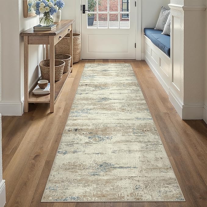 PureCozy 2x8 Runner Rug Washable Beige Brown Abstract Modern Neutral Hallway Carpet Non Slip Soft Low Pile Indoor Kitchen Carpet Contemporary Aesthetic Long Rug Bathroom Bedroom Laundry