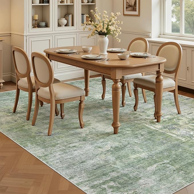 Abstract Rug 5x7 Machine Washable Area Indoor Green Low Pile Non-Slip Foldable Thin Accent Rugs for Bedroom Living Room Dining Room