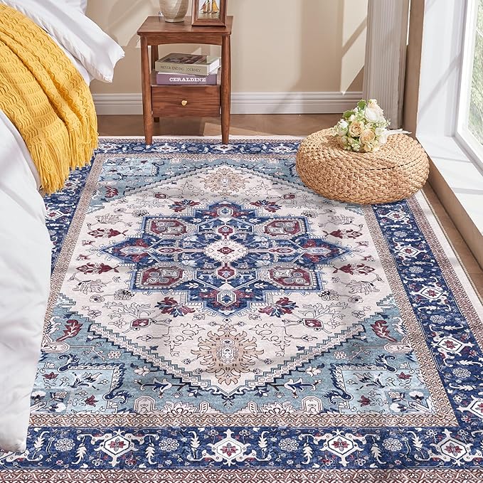 OPPODREAM Soft Area Rugs 3x5, Washable Rugs with Non Slip Backing, Low-Pile Throw 3x5 Carpet, Faux Cashmere 3 x 5 Carpet, Navy Blue & Red & Cream