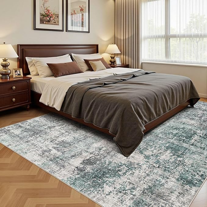 UERMEI 9x12 Area Rug Living Room Rugs - Washable Neutral Modern Abstract Soft Thin Large Rug Indoor Floor No Slip Rug Carpet for Bedroom Under Dining Table Home Office Decor - Green/Grey