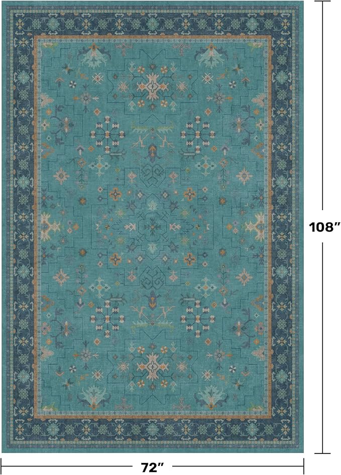 Boho Teal 6x9 Area Rugs for Living Room, Geometric Floral Design Rug for Bedroom, Dining Room - Vintage Turquoise Décor Indoor, Low Pile & Soft Stain Resistant Carpet