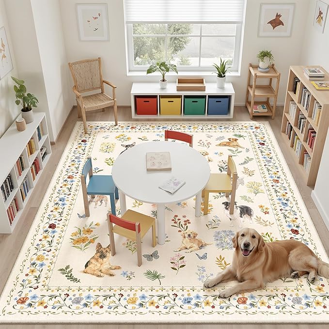 Soalmost Dog 9x12 Area Rugs for Living Room, Machine Washable Animal Floral Vintage Rug Non-Slip Low Pile Soft Throw Large Rugs for Bedroom Dining Room Kitchen Nursery Playroom (9 x 12,Beige)