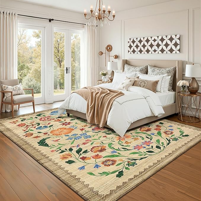 GarveeHome Washable Rug 9x12 Area Rugs for Living Room, Floral Rug for Bedroom, Soft Vintage Non Slip Throw Rugs with Rubber Back, Low Pile Stain Resistant Boho Floral Carpet for Dining Room, Beige