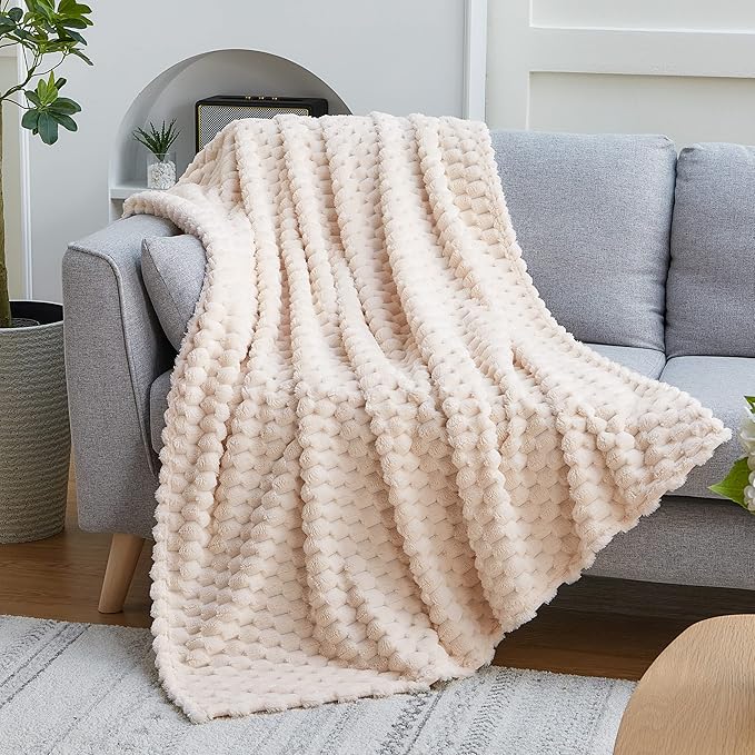 EXQ Home Fleece Blanket Twin Size for Couch or Bed - 3D Imitation Turtle Shell Jacquard Decorative Blankets - Cozy Soft Lightweight Fuzzy Flannel Blanket Suitable for All Seasons(60"×80",Beige)