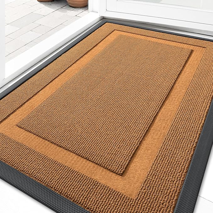 OLANLY Front Door Mat Indoor Outdoor Entrance, Waterproof All-Season, All-Weather Doormat, Sturdy Natural Rubber, Low Profile, Easy Clean Patio Porch Entryway Mat, 35x23, Tangerine Orange