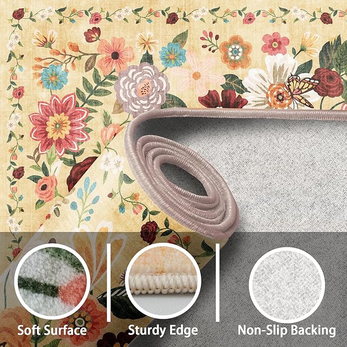 Floral Rug for Entryway, 2x3 Washable Kitchen Mat Ultra-Thin Soft, Non-Slip Indoor Door Carpet Stain Resistant Boho Small Low-Pile Throw for Bathroom Bedroom (Yellow Garden, 2 x 3)
