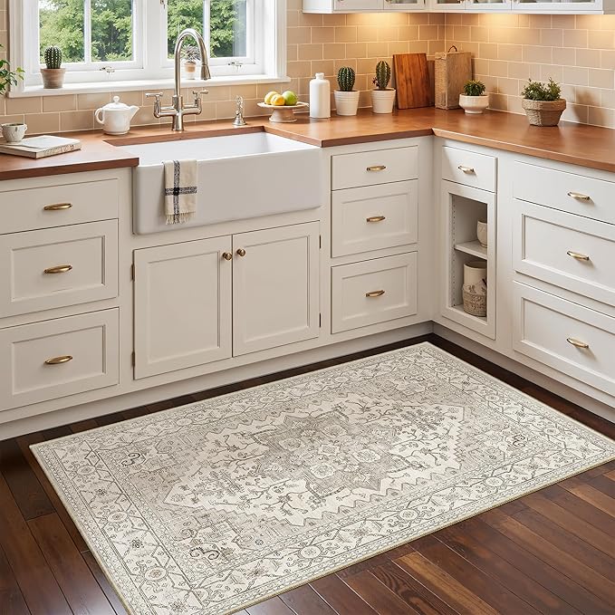 Madane Washable Area Rug 2x4, Small Entryway Rug Non-Slip Vintage Door Mat Indoor Entrance, Low Pile Floor Carpet Runner for Inside Front Door Kitchen Entry Laundry, Beige/Brown