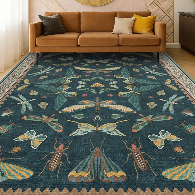Hazo Haus Oriental Blue and Green Area Rugs for Living Room 6x9 - Insect & Butterfly Dining Table Rug, Bedroom Boys, Washable Non Skid Rubber Backed, Vintage Funky Home Décor
