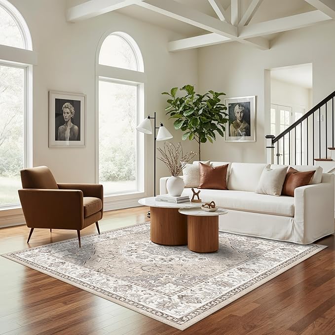 6ft Square Living Room Area Rug: Washable Oriental 6x6 Rugs for Bedroom Dining Room Non-Slip Entryway Kitchen Nursery CarpetWater Resistant Light Weight Floor Mat for Bathroom Laundry Room(6x6,Beige)