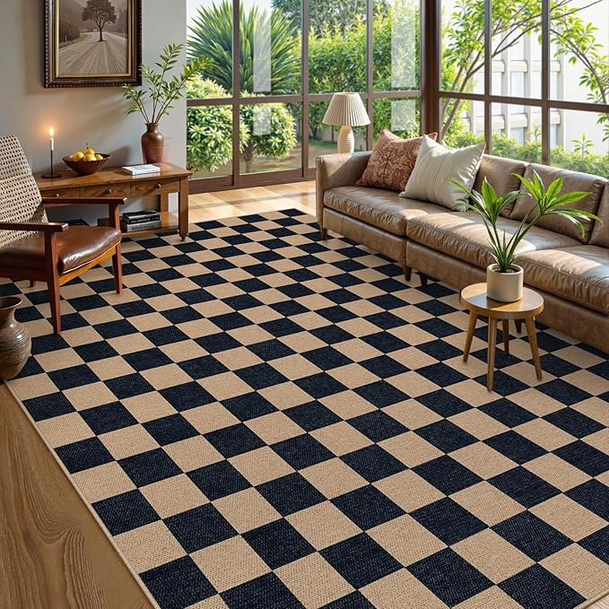 Lahome Colette Checkered Easy Jute Rug, 9x12 Area Rug for Living Room Indoor Outdoor Carpet, Farmhouse Neutral Non Slip Non Shedding Stain Resistance Floor Carpet for Patio Dining Room Backyard