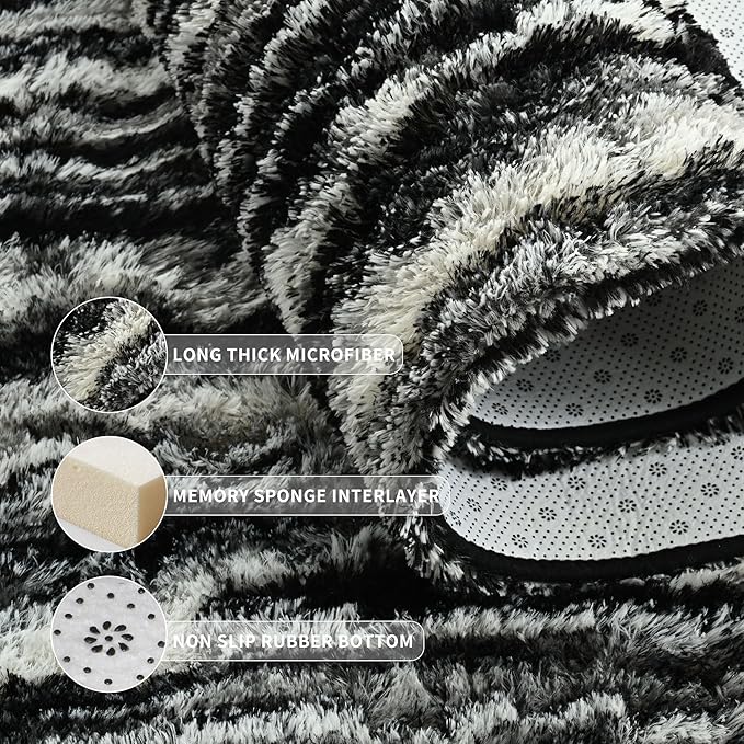Tepook Soft Fluffy Rugs for Living Room, 5x8 Shaggy Area Rug for Bedroom, Modern Shag Rug Fuzzy Carpets for Kids, Plush Indoor Nursery Home Decor Rug with Non-Slip Bottom, Black White