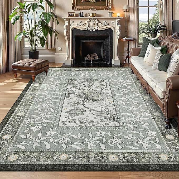 GarveeHome Provence 8x10 Area Rugs for Living Room, Botanical Grove Soft Cottagecore Washable Rug for Bedroom Dining Nursery Low-Pile Vintage Large Carpet Gray Fog Green