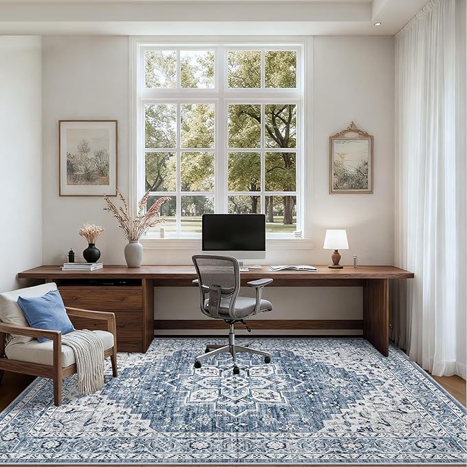 4x6 Area Rugs for Living Room: Washable Rug Soft Vintage Boho Medallion Carpet Indoor Floor Non-Slip Stain Resistant Large Carpets for Bedroom Dining Room Farmhouse Nursery Home Office Blue