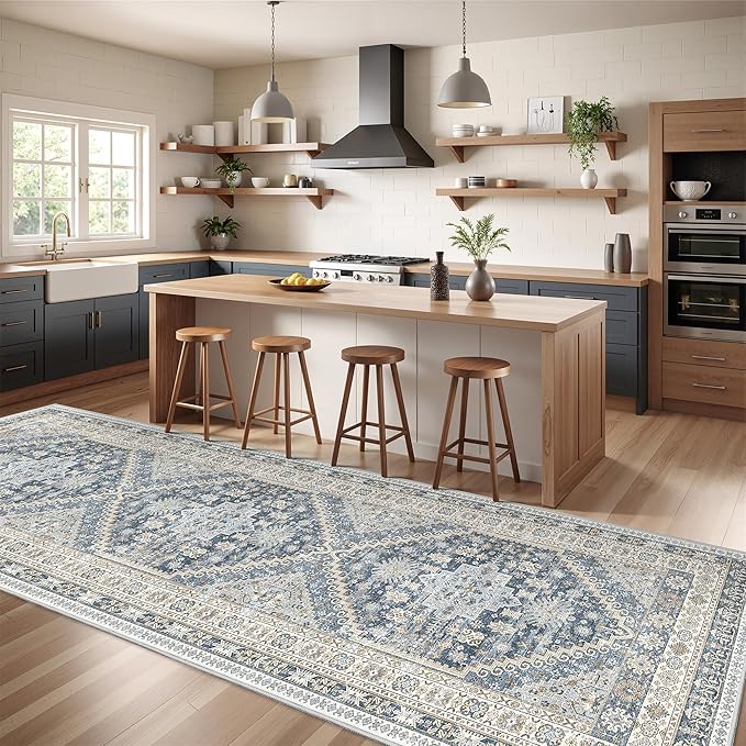 3x10 Runner Rug Non Slip Washable for Entryway, Front Porch, Vintage Hallway Runner for Laundry Room, Bedroom, Stain Resistant Thin Indoor Kitchen Mats for Floor(Blue/Beige,3'x10')
