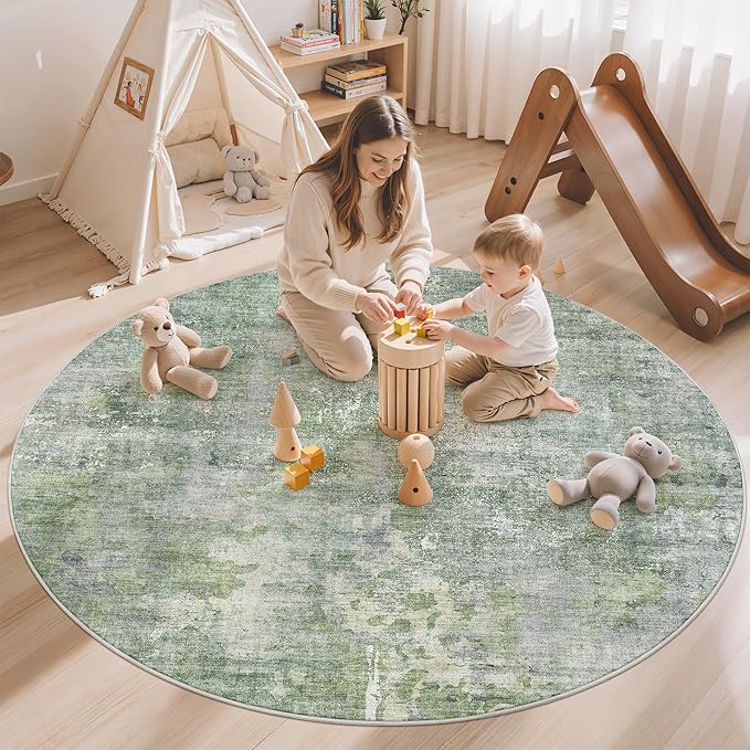 Soalmost 5x5 Green/Ivory Round Rug 5ft Living Room Circle Rug Vintage Round Area Rug Non Slip Indoor Carpet for Entryway Dining Room Bedroom
