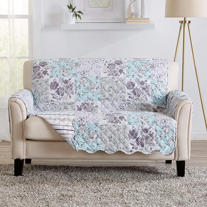 Great Bay Home Reversible Floral Patchwork Loveseat Furniture Protector - Machine Washable, Scalloped Edge, Stain Resistant, Printed Furniture Cover for Dogs, Kids, and Pets (Gray/Aqua)