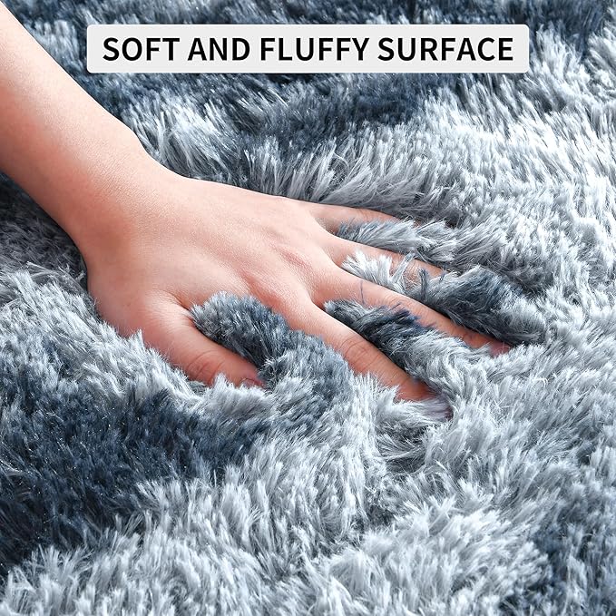 Tepook Area Rugs 9x12 for Living Room, Super Soft Fluffy Rugs for Bedroom, Modern Shaggy Rug Fuzzy Carpets for Kids, Plush Indoor Nursery Home Decor Rug with Non-Slip Bottom, Tie-Dyed Blue and Grey