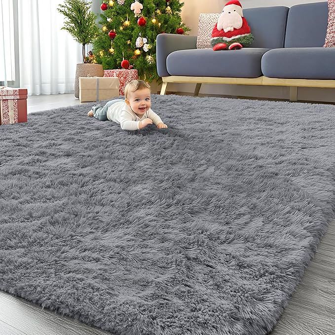 OLANLY 10x14 Machine Washable Large Area Rugs for Living Room, Bedroom, Soft Fluffy Shaggy Bedside Rug, Indoor Floor Carpet for Kids Girls and Boys, Dorms, Nursery, Home Decor Aesthetic, Light Grey