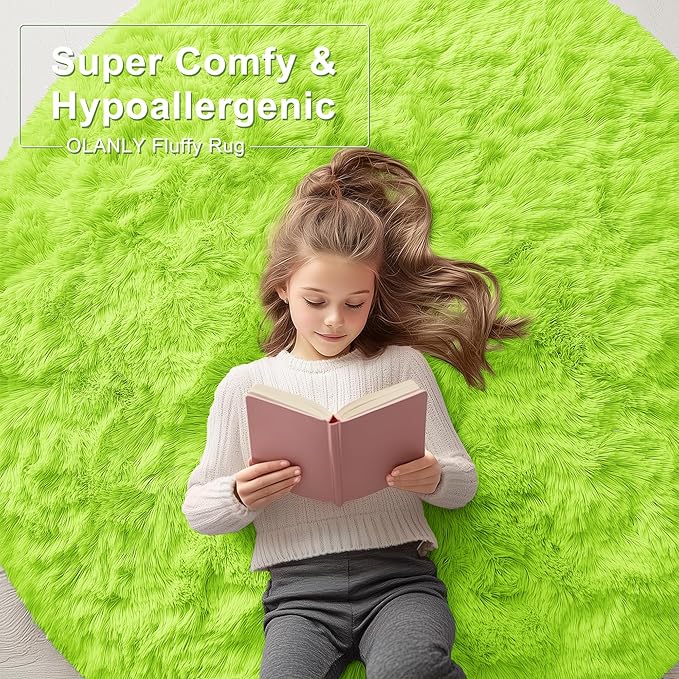 OLANLY Lime Green Round Rugs for Bedroom - Machine Washable, 5 ft Circle Area Rugs for Living Room, Soft and Fluffy Shaggy Carpet for Teen Girl and Boys, Nursery Rooms, Dorms, Home Decor Aesthetic