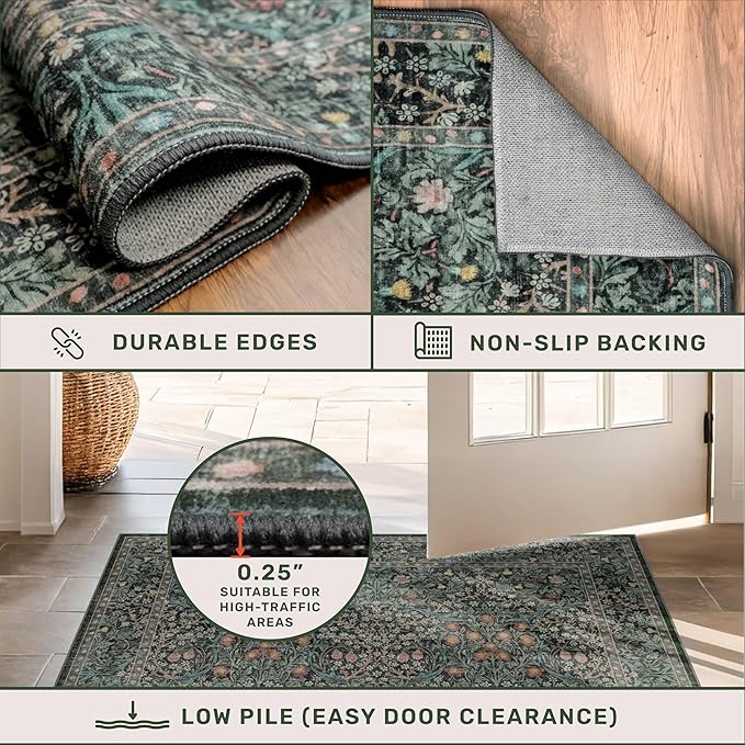 Non Slip 2x6 Kitchen Runner Rug Washable, Rubber Backed Bathroom Runner, Boho Vintage Floral Botanical Dark Green Non Skid Low Pile Soft Carpet for Entryway, Laundry Room, Hallway Mats for Floor