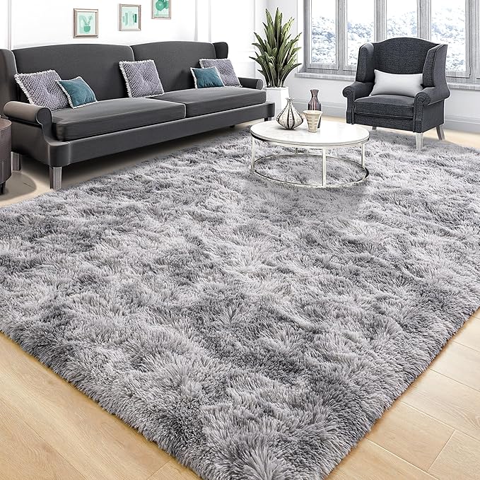 Tepook Area Rugs 10x14 for Living Room, Super Soft Fluffy Rugs for Bedroom, Modern Shaggy Rug Fuzzy Carpets for Kids, Plush Indoor Nursery Home Decor Rug with Non-Slip Bottom, Tie-Dyed Light Grey