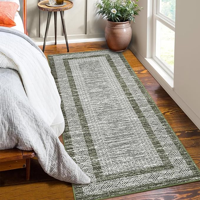 GarveeHome 2.5x8 Modern Bordered Runner Rug Soft Non Slip Washable Floor Carpet Distressed Geometric Hallway Indoor Printed Rug for Kitchen Entrance, Green