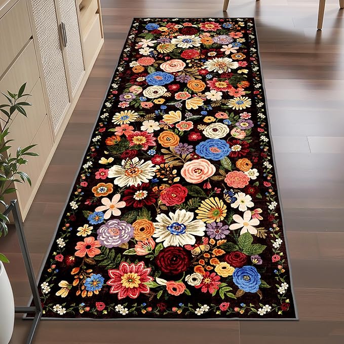 Rug for Hallways Kitchen Rug 3x7, Non Slip Washable Rugs with Rubber Backing Soft Floral Carpet Runner for Hallways, Kitchen, Laundry, Bedroom, Bathroom(3 x 7, Black/Brown)