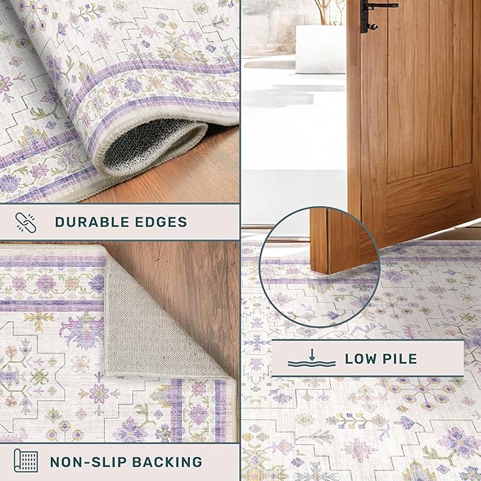 Hazo Haus Purple Rugs for Girls Bedroom, Non Slip Machine Washable 4x6 Floral Area Rug for Nursery Kids Room, Living Room, Low Pile Lavender Girly Dorm Pastel Décor