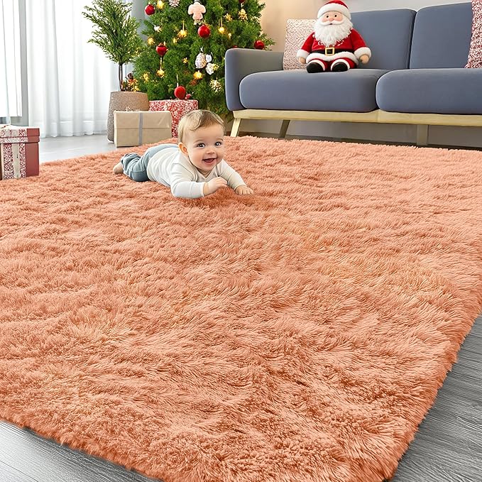 OLANLY 8x10 Machine Washable Large Area Rugs for Living Room, Bedroom, Soft Fluffy Shaggy Bedside Rug, Indoor Floor Carpet for Kids Girls and Boys, Dorms, Nursery, Home Decor Aesthetic, Muted Orange