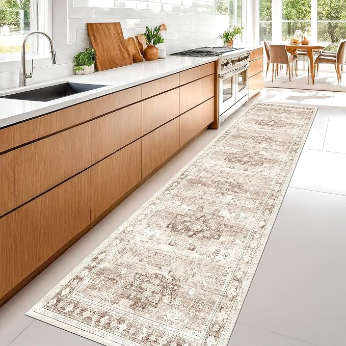 Hazo Haus Non Slip Hallway Runner Rug - 2 x 10 Runner Rug, Washable & Waterproof Kitchen Floor Mat - Extra Long Neutral Farmhouse Boho Design Décor (2x10 Beige/Latte)