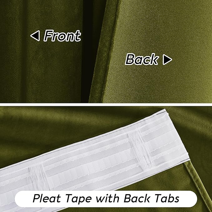 RYB HOME Moss Green Velvet Curtains 72 inches with Hook Belt, Soft Fabric Room Darkening Thermal Insulated Luxurious Home Decor Curtains for Living Room Bedroom, W 42" x L 72", 2 Panels Set