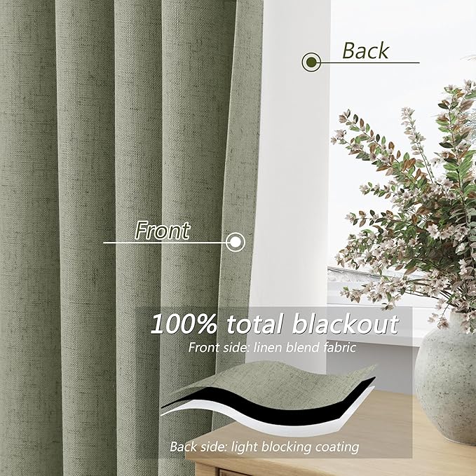 Sage Green 100% Blackout Linen Curtains 92 Inch Length 2 Panels Set for Living Room Bedroom Back Tab Thermal Insulated Black Out Drapes Room Darkening Farmhosue Window Curtains 92 Inches Long