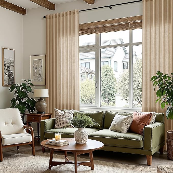 Sand Beige Linen 112 Inch Curtains for Living Room Simple Modern Light Filtering Semi Sheer Curtain Back Tab Rustic Luxury Home Decor Drapes Floor to Ceiling High Window for Bedroom 52x112, 2 Panels