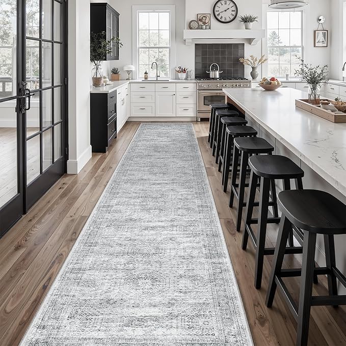 Runner Rug 2'6" x 16' Washable Non-Slip 2.5x16 ft Long Runner Rugs for Kitchen Bathroom Laundry Room Vintage Ultra Thin Runners for Hallway Entryway Grey