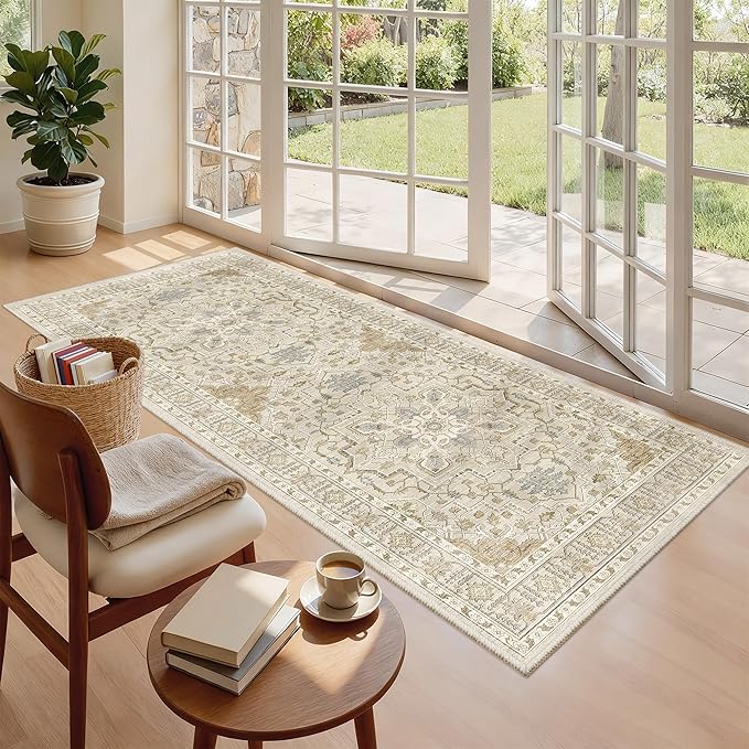 Madane Hallway Runner Rug 3x6 - Washable Kitchen Rugs Entryway Rug Runner Vintage Soft Floor Mat Non Slip Indoor Farmhouse Carpet for Bathroom Living Room Bedroom (3 X 6, Beige/Blue)