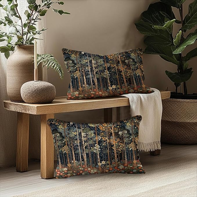 Rustic William Morris Inspired Autumn Forest Pillow Covers 12x20 Set of 2,Vintage Botanical Nature Landscape Decorative Throw Pillow Covers for Home Bedroom Living Room,Fall Home Room Decor