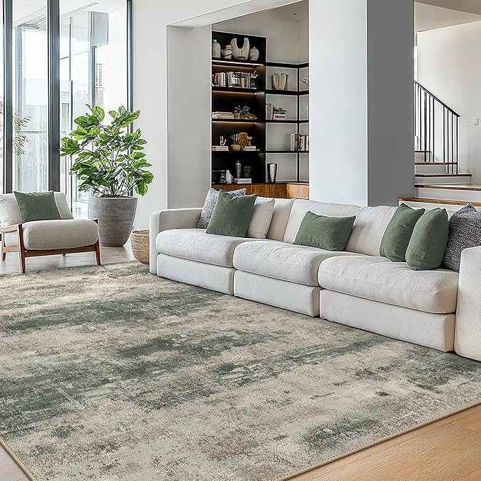 BEIMO Area Rugs 10x14 for Living Room Bedroom, Modern Abstract Machine Washable Rug, Large Soft Low Pile Floor Cover with Non Slip Backing for Dining Room, Grey/Dark Green